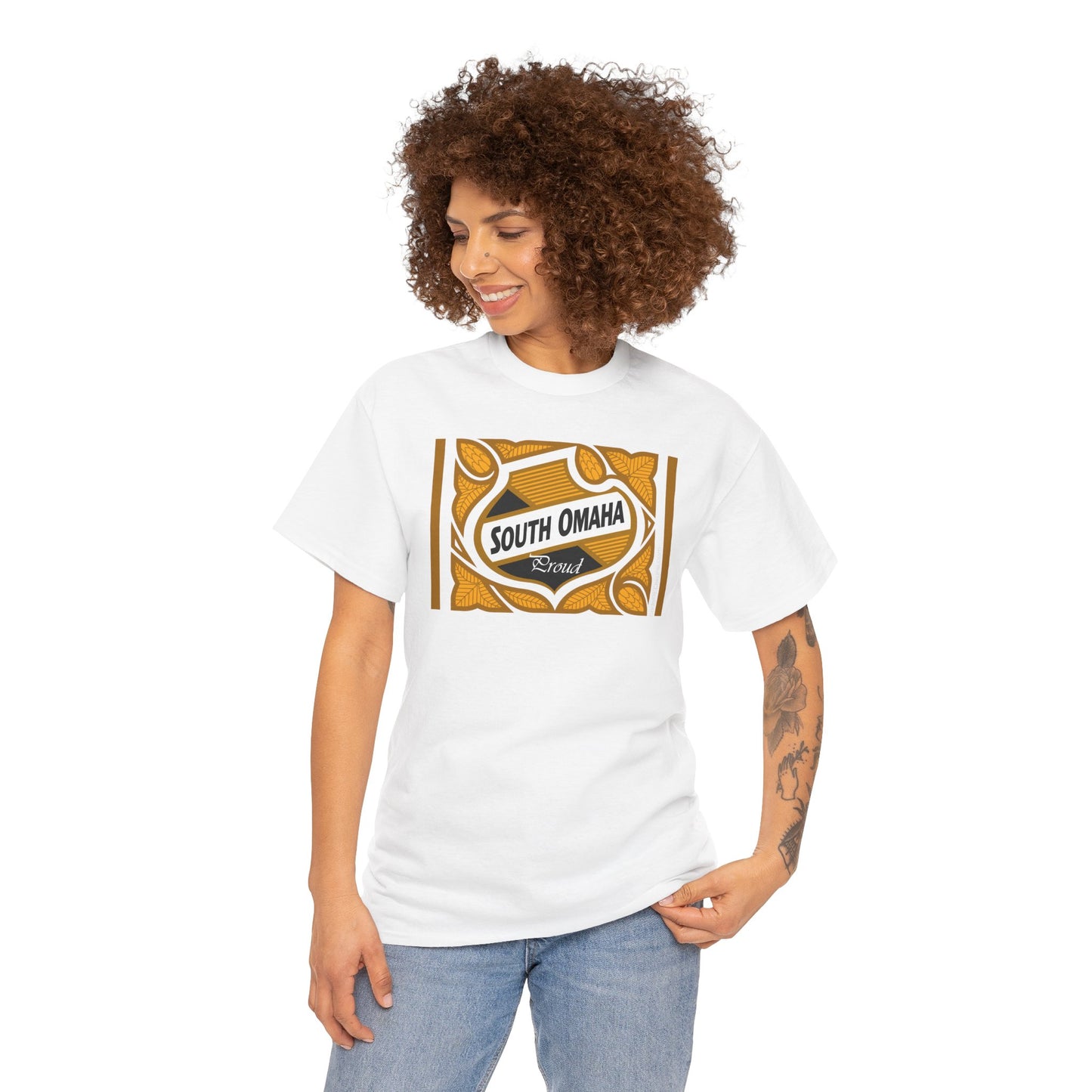South Omaha 'Proud' Black & Yellow Falstaff Label Design, Retro T-Shirt – Vintage Style Unisex Tee
