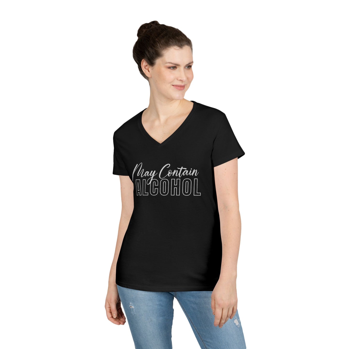 Funny V-Neck T-Shirt, Humor Tee for Women, "May Contain Alcohol: Shirt, Gift for Her, Casual Party Top