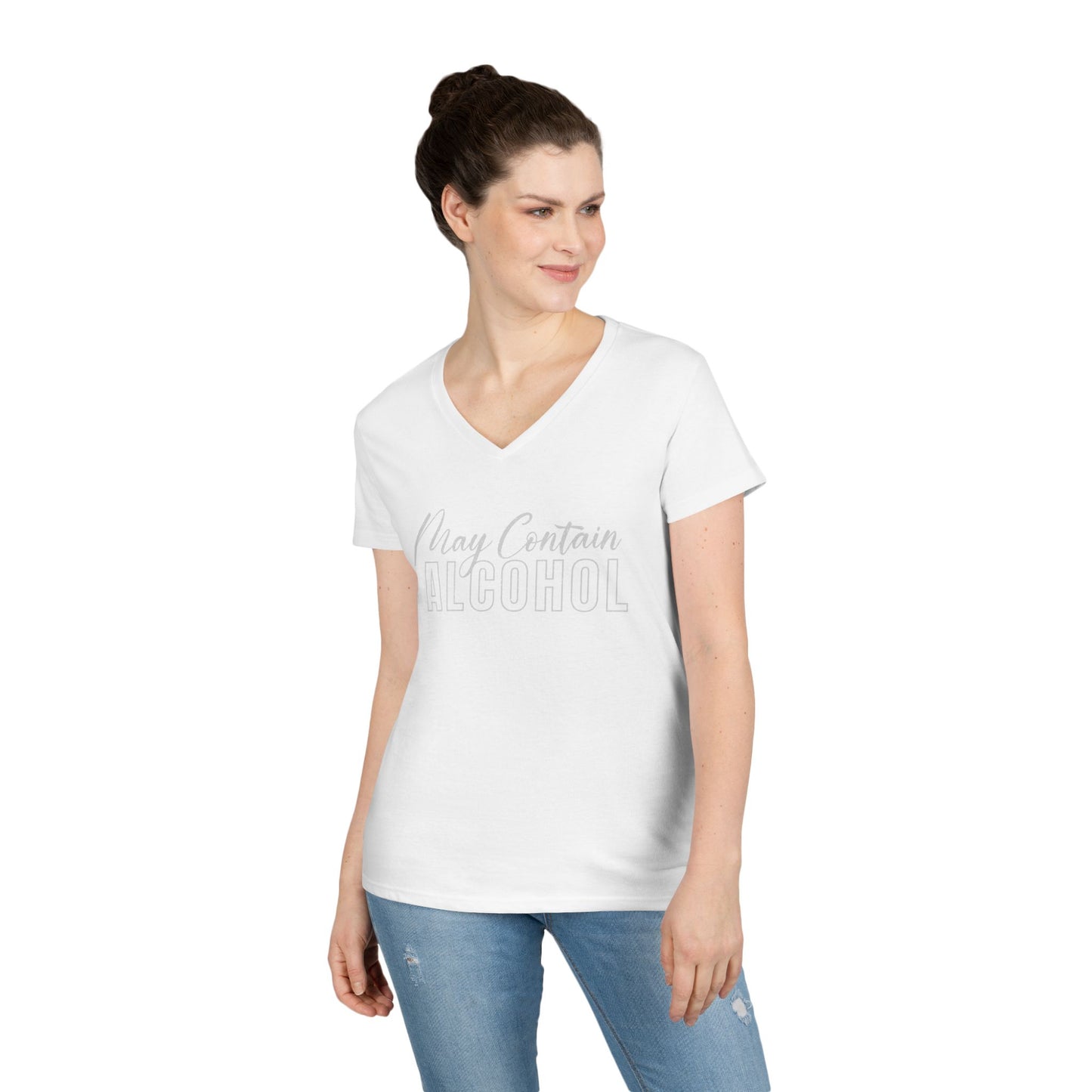 Funny V-Neck T-Shirt, Humor Tee for Women, "May Contain Alcohol: Shirt, Gift for Her, Casual Party Top