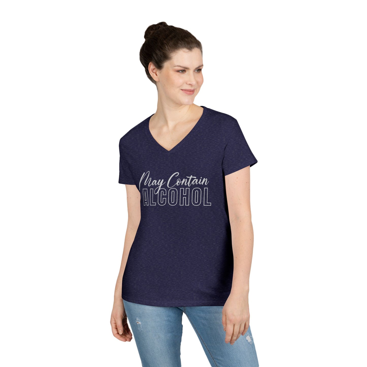 Funny V-Neck T-Shirt, Humor Tee for Women, "May Contain Alcohol: Shirt, Gift for Her, Casual Party Top