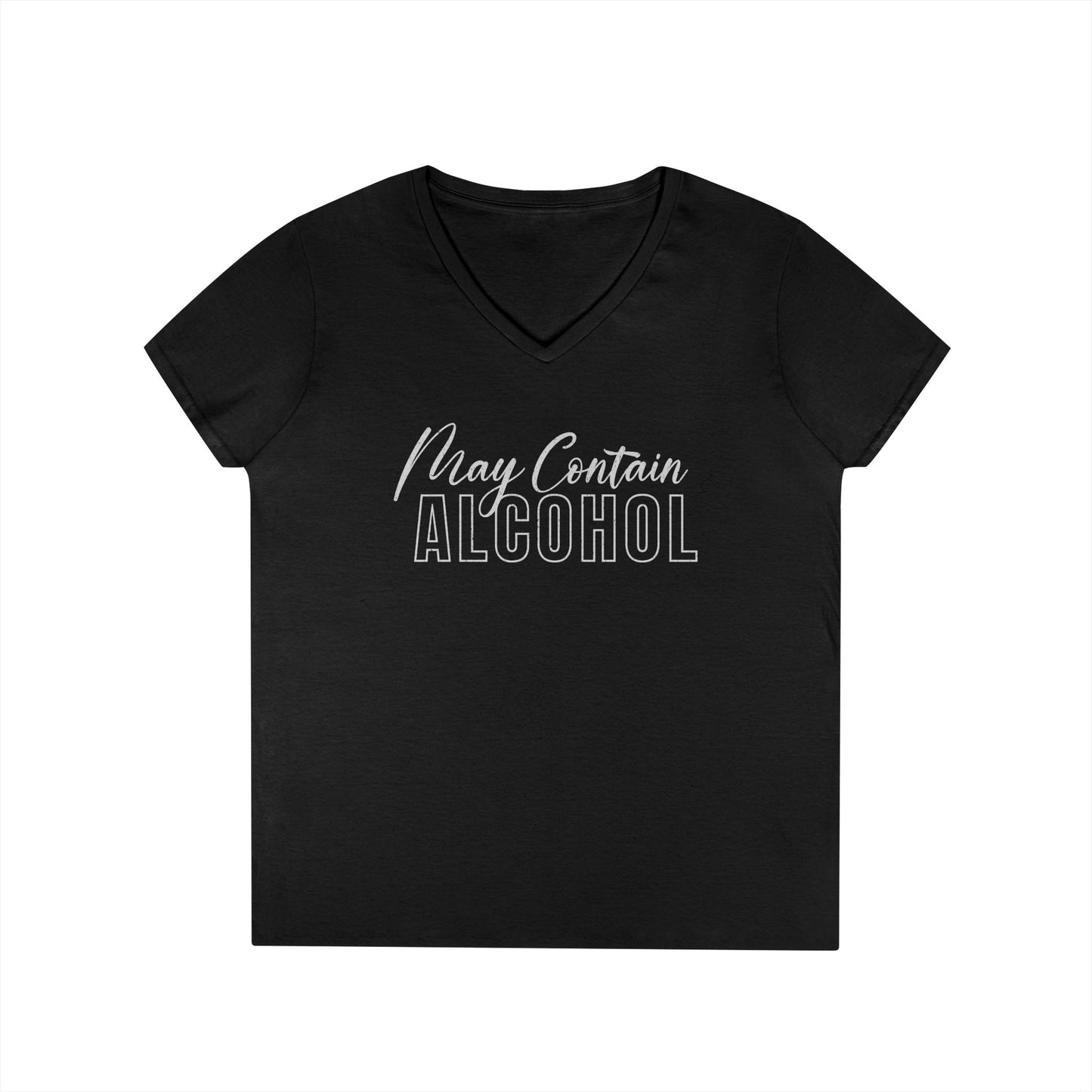 Funny V-Neck T-Shirt, Humor Tee for Women, "May Contain Alcohol: Shirt, Gift for Her, Casual Party Top