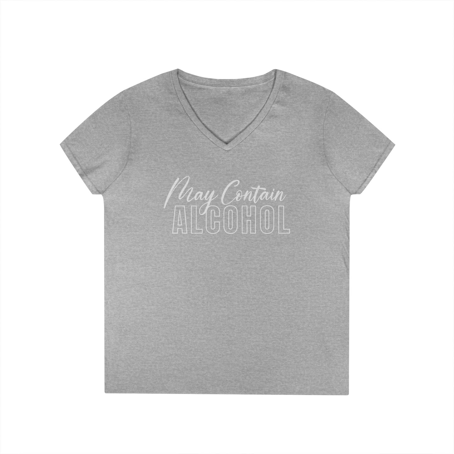 Funny V-Neck T-Shirt, Humor Tee for Women, "May Contain Alcohol: Shirt, Gift for Her, Casual Party Top