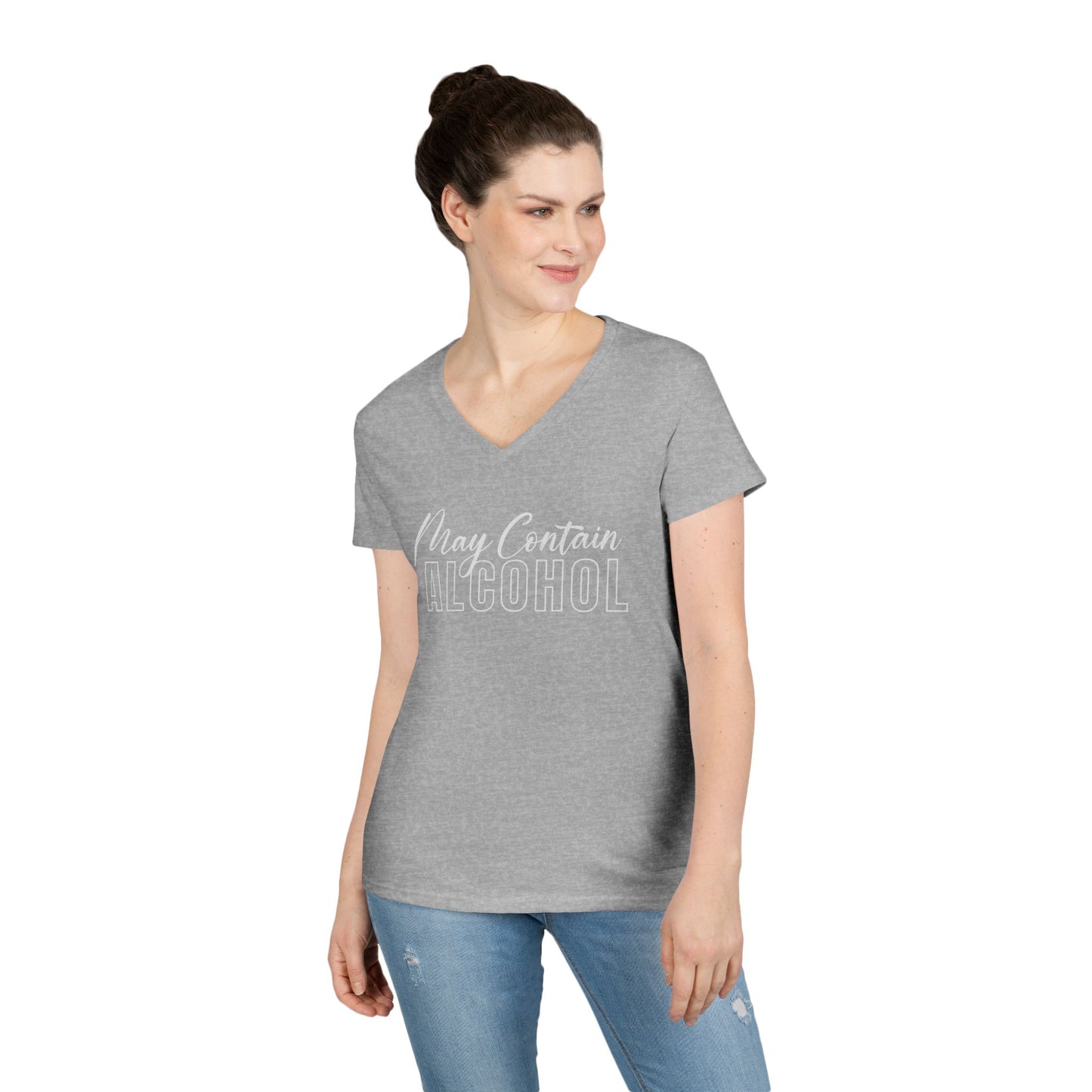 Funny V-Neck T-Shirt, Humor Tee for Women, "May Contain Alcohol: Shirt, Gift for Her, Casual Party Top