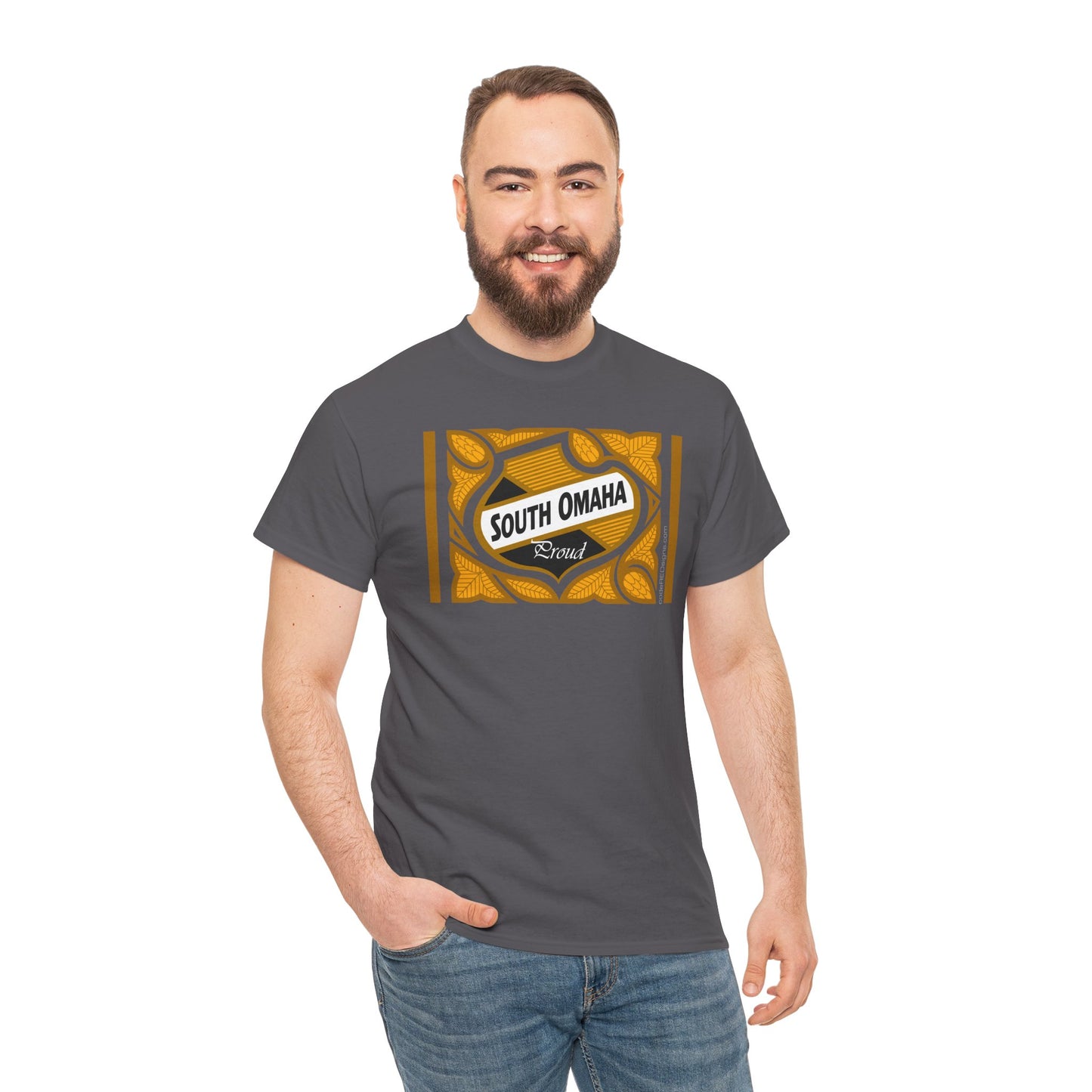 South Omaha 'Proud' Black & Yellow Falstaff Label Design, Retro T-Shirt – Vintage Style Unisex Tee