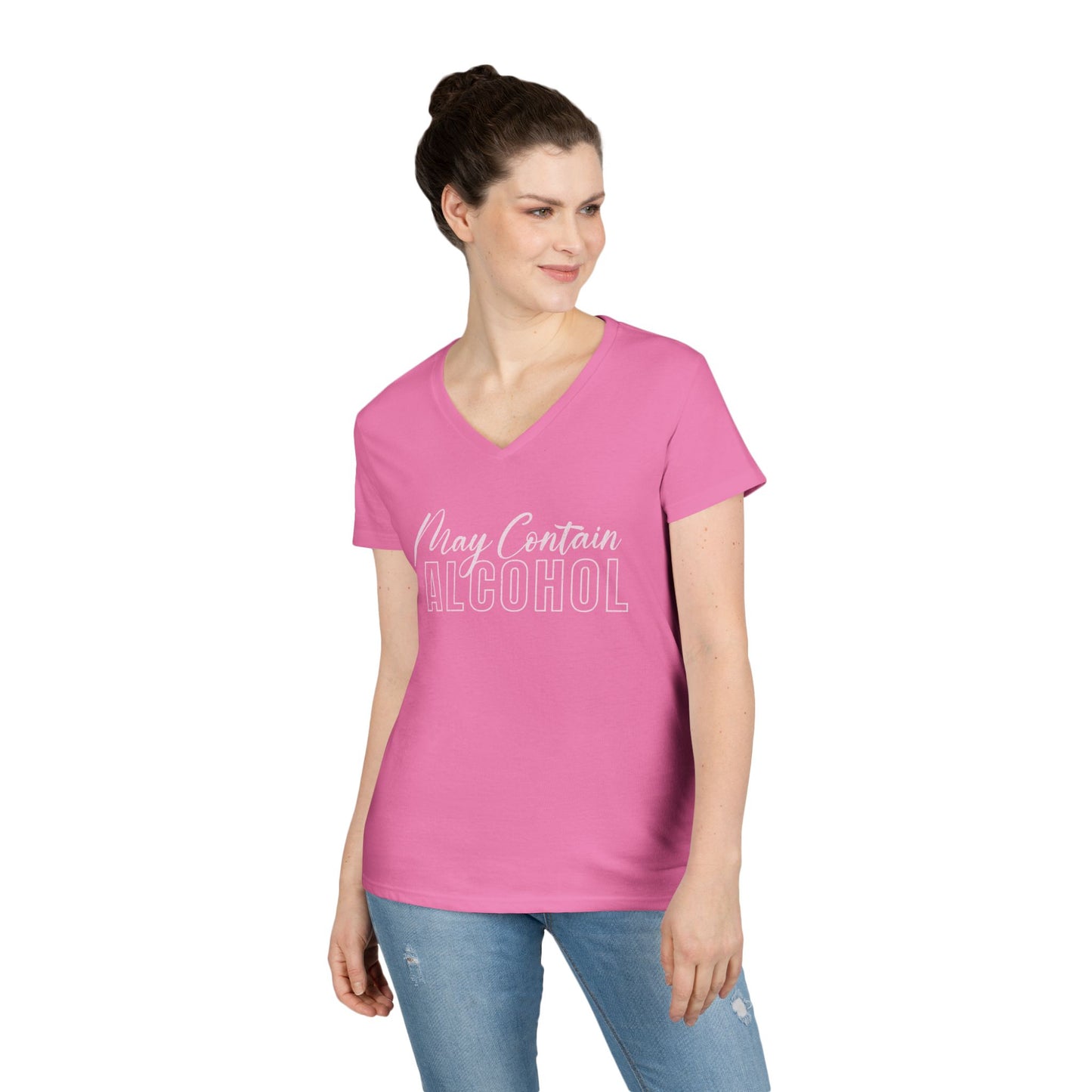 Funny V-Neck T-Shirt, Humor Tee for Women, "May Contain Alcohol: Shirt, Gift for Her, Casual Party Top