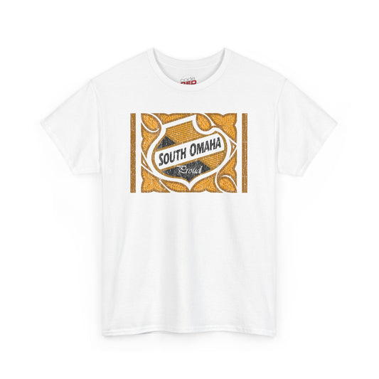 DISTRESSED South Omaha 'Proud' Black & Yellow Falstaff Label Design, Retro T-Shirt – Vintage Style Unisex Tee-Vintage Weathered Look!
