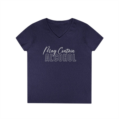 Funny V-Neck T-Shirt, Humor Tee for Women, "May Contain Alcohol: Shirt, Gift for Her, Casual Party Top