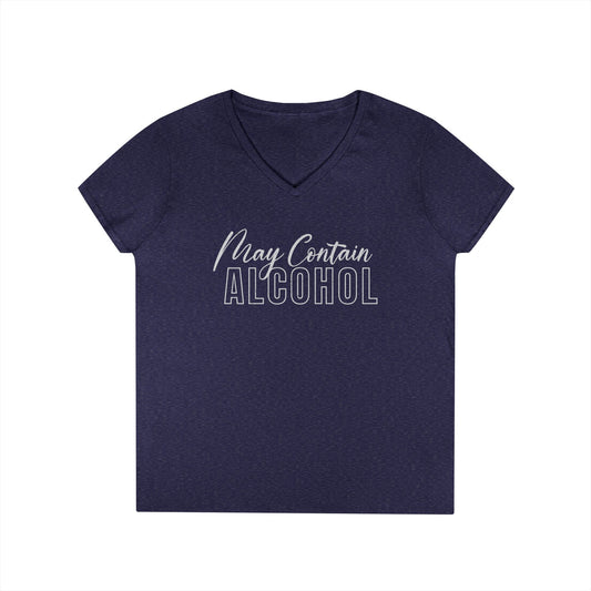 Funny V-Neck T-Shirt, Humor Tee for Women, "May Contain Alcohol: Shirt, Gift for Her, Casual Party Top