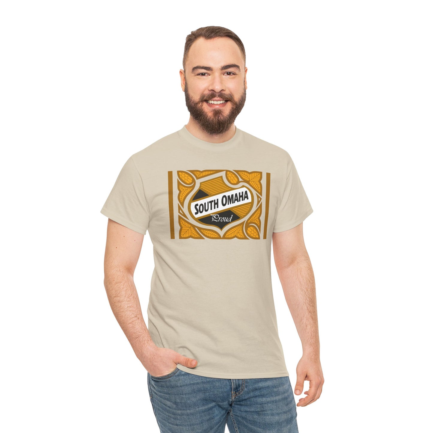 South Omaha 'Proud' Black & Yellow Falstaff Label Design, Retro T-Shirt – Vintage Style Unisex Tee